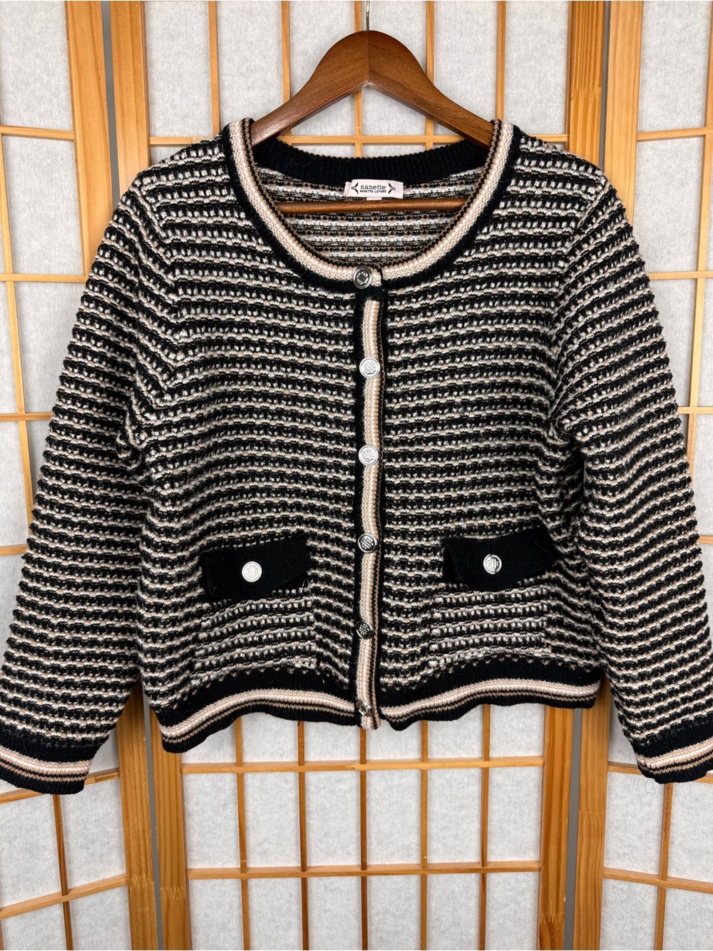 Nanette Lepore Knit Tweed Button Jacket Cardigan Stripe Black Beige Metallic L
